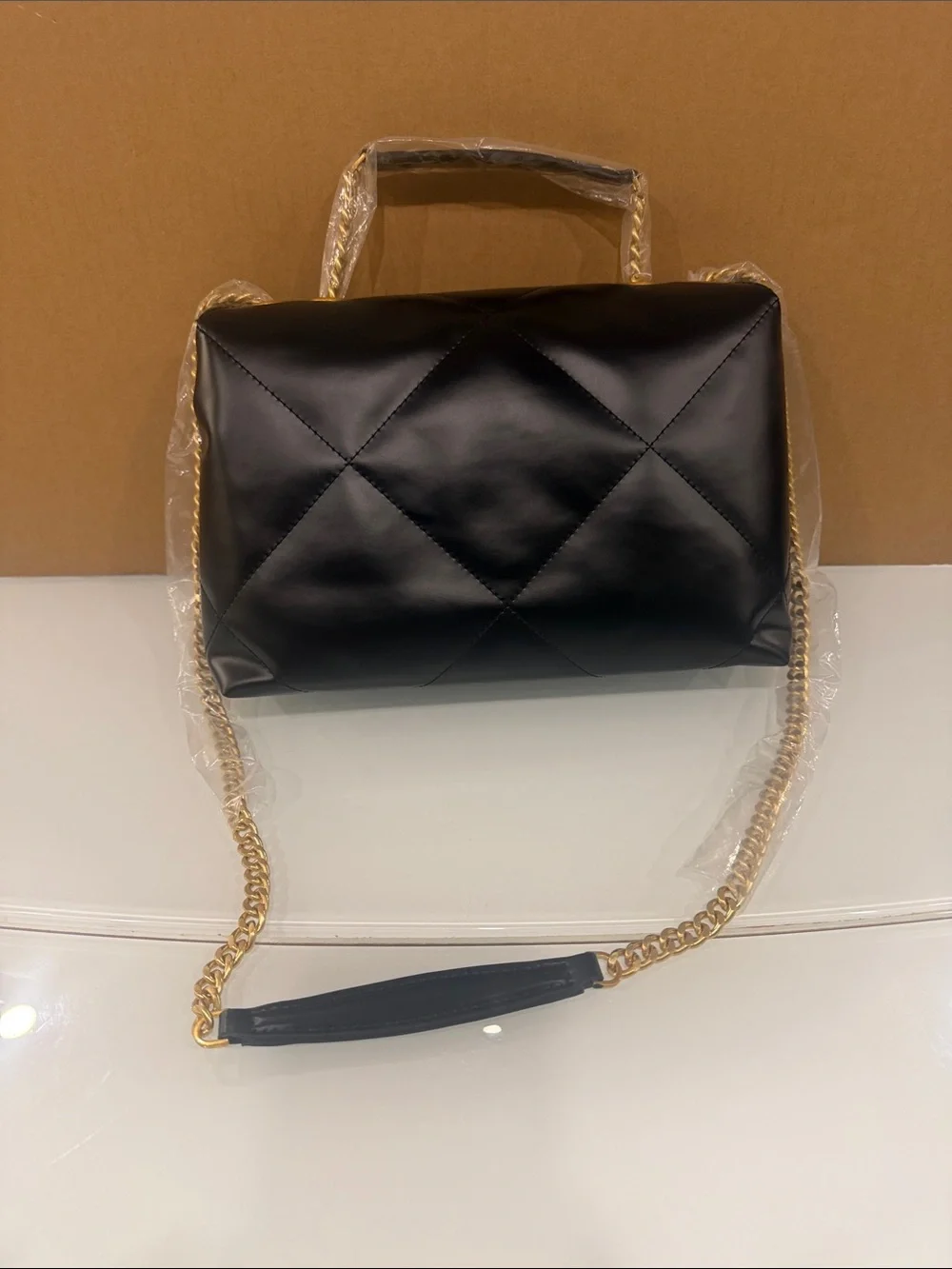 Tory Burch Black Quilted Leather Shoulder Bag with Gold Logo Chain